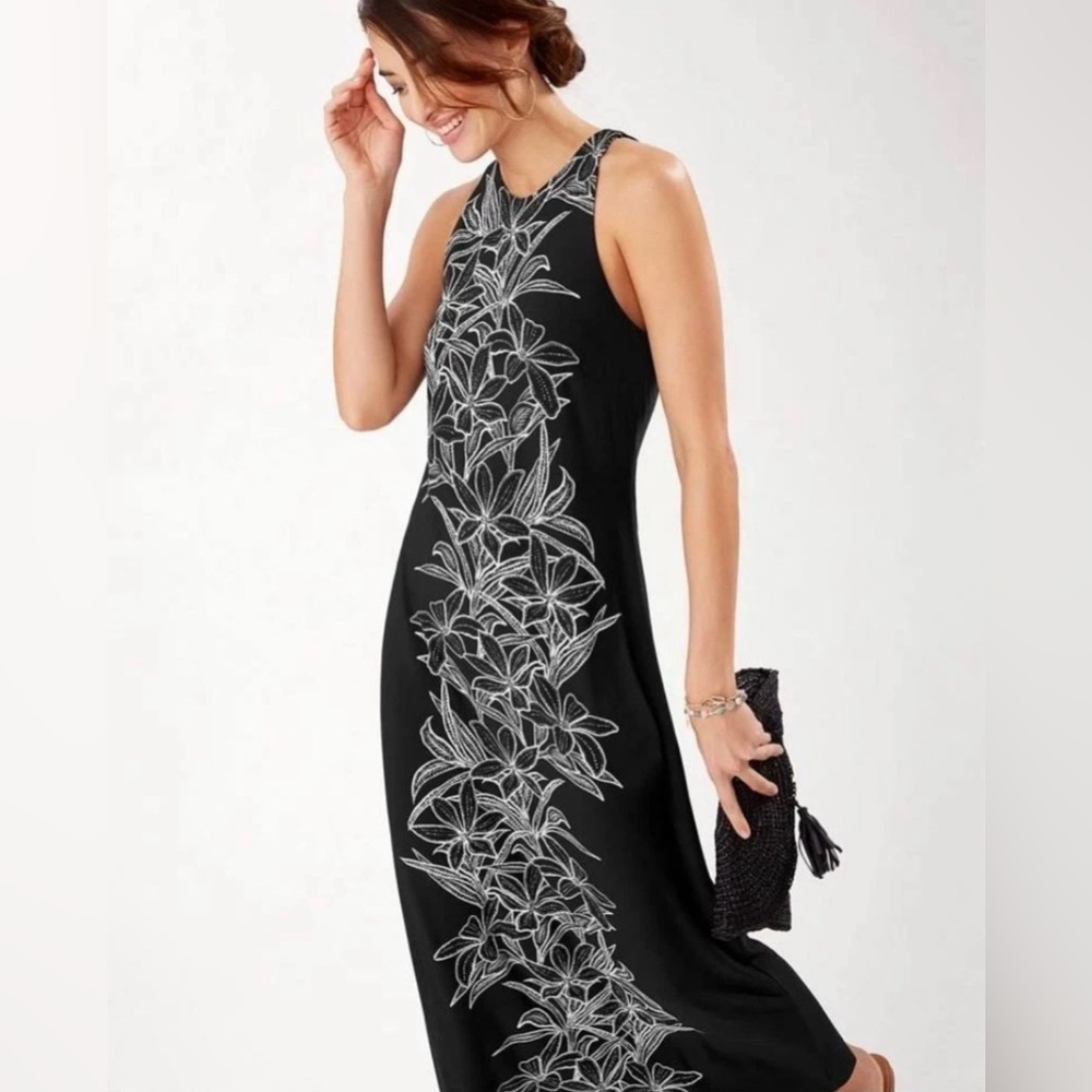 Tommy Bahama Black Maxi Dress with White Floral Design “Midnight Blooms” XS EUC